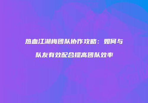 热血江湖梅团队协作攻略：如何与队友有效配合提高团队效率