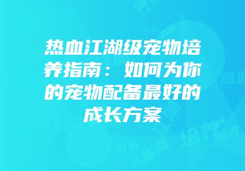 热血江湖级宠物培养指南：如何为你的宠物配备最好的成长方案