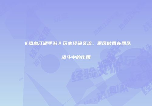 《热血江湖手游》玩家经验交流：黑风披风在团队战斗中的作用