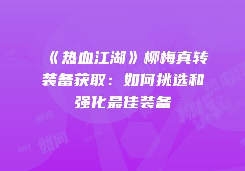 《热血江湖》柳梅真转装备获取：如何挑选和强化最佳装备