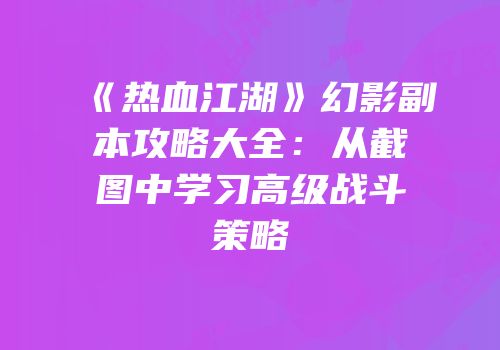 《热血江湖》幻影副本攻略大全：从截图中学习高级战斗策略