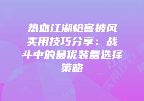 热血江湖枪客披风实用技巧分享：战斗中的最优装备选择策略
