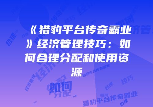 《猎豹平台传奇霸业》经济管理技巧：如何合理分配和使用资源
