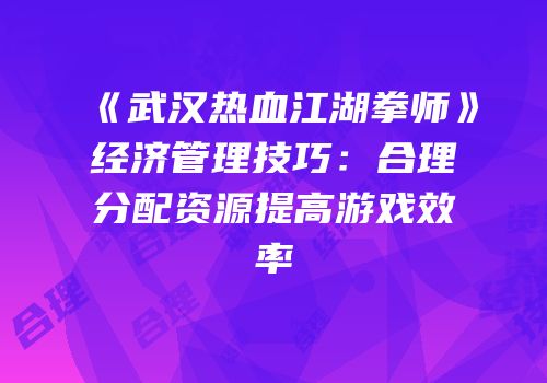 《武汉热血江湖拳师》经济管理技巧：合理分配资源提高游戏效率