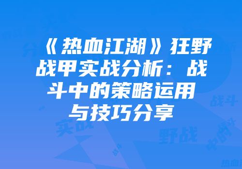《热血江湖》狂野战甲实战分析：战斗中的策略运用与技巧分享