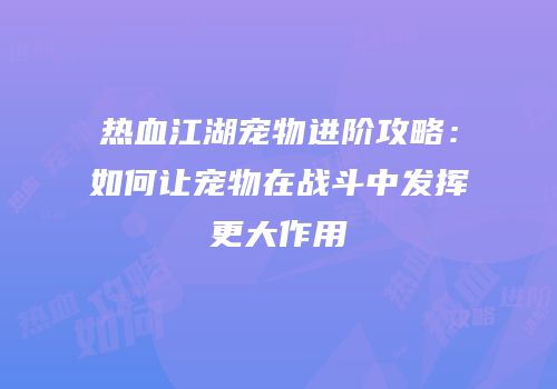 热血江湖宠物进阶攻略：如何让宠物在战斗中发挥更大作用