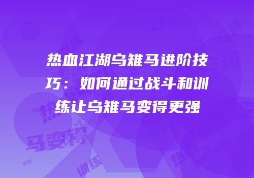 热血江湖乌雉马进阶技巧：如何通过战斗和训练让乌雉马变得更强