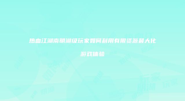 热血江湖南明湖级玩家如何利用有限资源最大化游戏体验