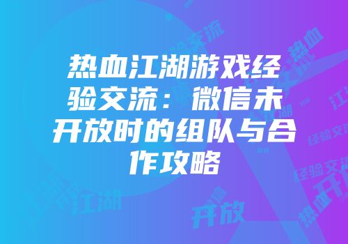 热血江湖游戏经验交流：微信未开放时的组队与合作攻略