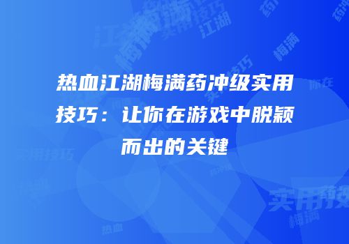 热血江湖梅满药冲级实用技巧：让你在游戏中脱颖而出的关键