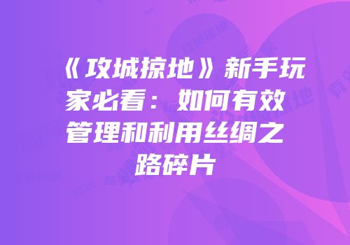 《攻城掠地》新手玩家必看：如何有效管理和利用丝绸之路碎片