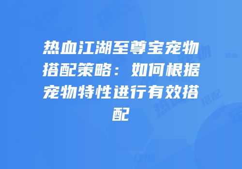热血江湖至尊宝宠物搭配策略：如何根据宠物特性进行有效搭配