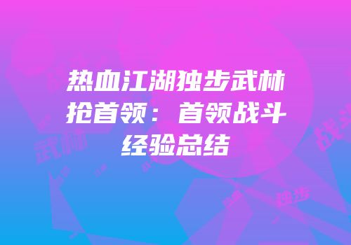 热血江湖独步武林抢首领：首领战斗经验总结