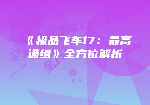 《极品飞车17:最高通缉》全方位解析