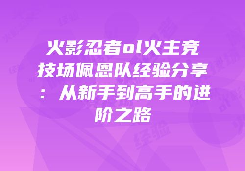 火影忍者ol火主竞技场佩恩队经验分享：从新手到高手的进阶之路