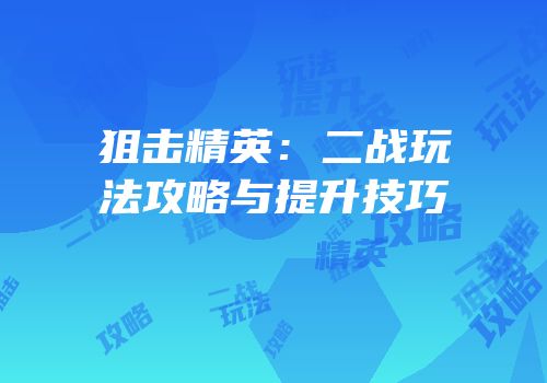狙击精英：二战玩法攻略与提升技巧