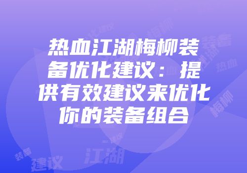 热血江湖梅柳装备优化建议：提供有效建议来优化你的装备组合