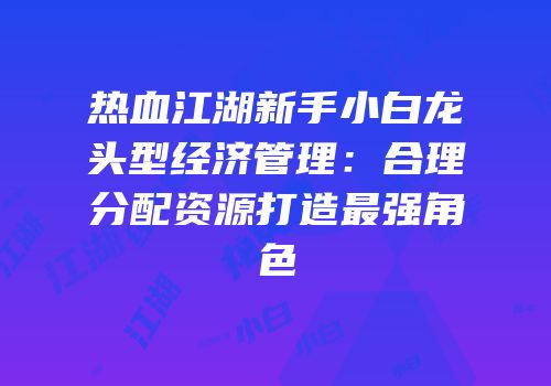 热血江湖新手小白龙头型经济管理:合理分配资源打造最强角色